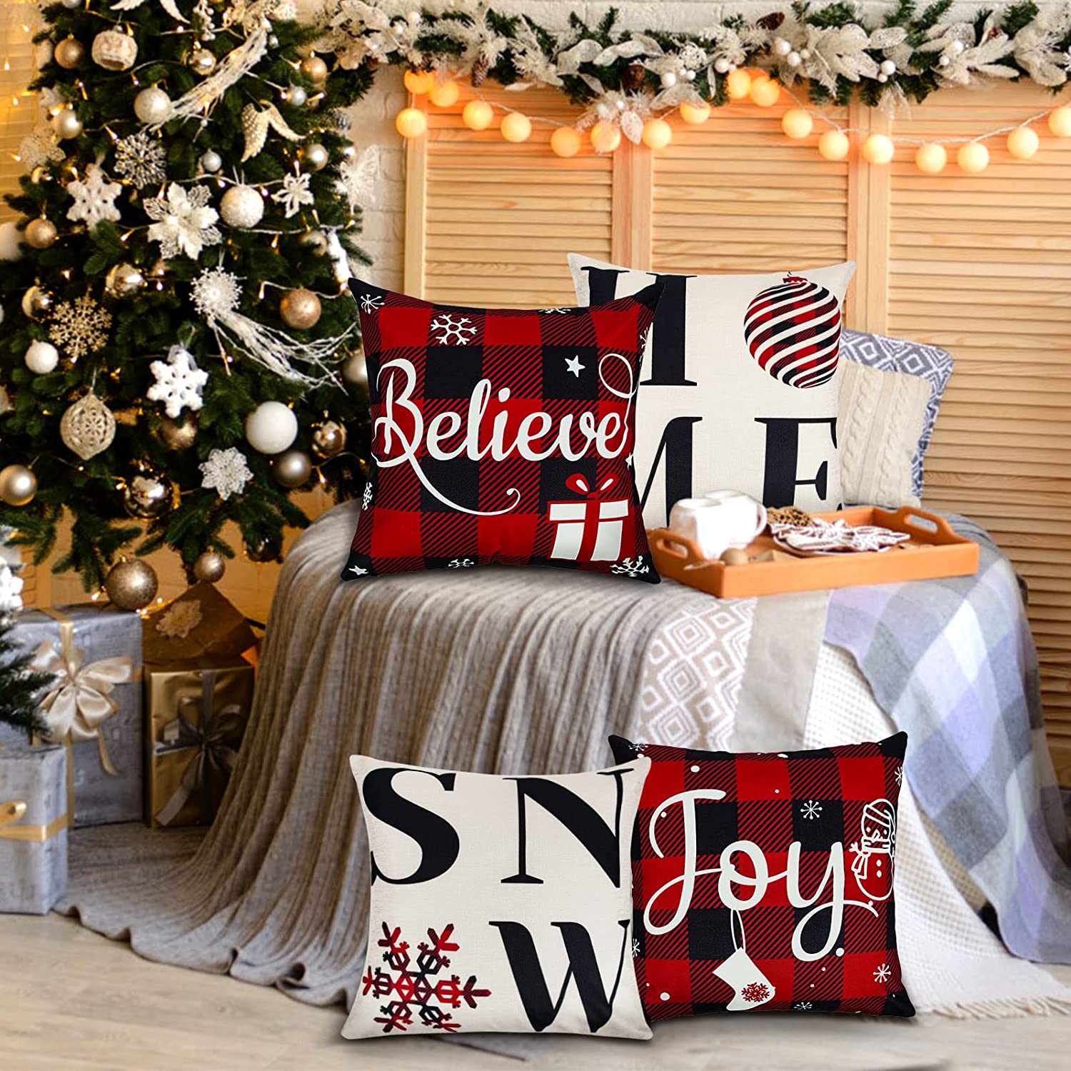 Ouddy Home Christmas Pillow Covers 18x18 Set of 4, Buffalo Plaid Christmas Throw Pillows Cases
